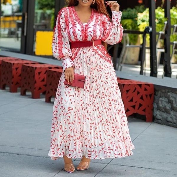 

long sleeve pleated dress women 2020 elegant red floral print v-neck ankle-length maxi long dress vestidos plus size 2xl, Black;gray