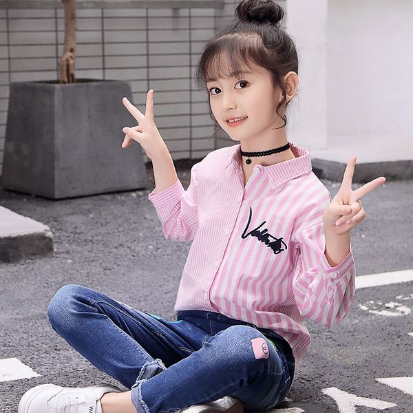 

girls 2020 autumn big children's cotton striped shirt girl long sleeve shirt top, White;black