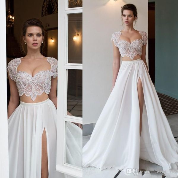 2020 Riki Dalal due pezzi spiaggia una linea abiti da sposa in rilievo lato alto spacco pizzo applique maniche corte abiti da sposa in chiffon239h