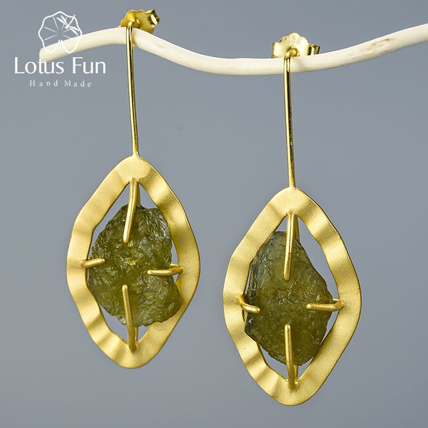 

lotus fun natural raw stone tourmaline drop earrings real 925 sterling silver 18k gold earrings for women handmade fine jewelry, Golden;silver