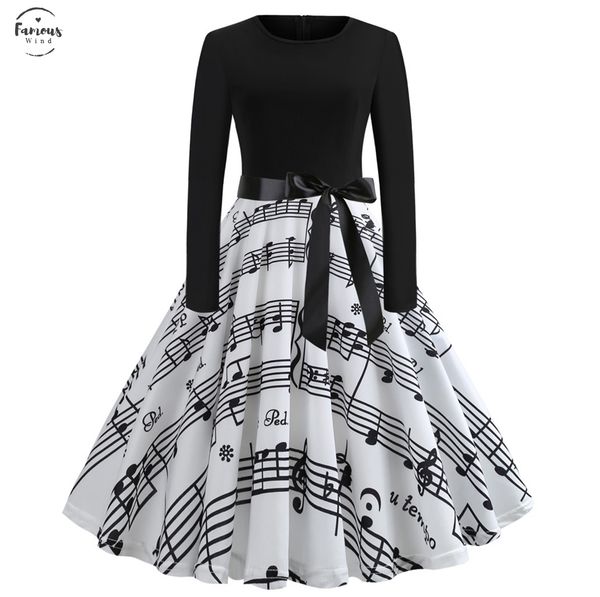 

christmas dress women musical crew neck note printed bandage bow big swing long sleeve party dress kleider damen xmas women black dress, Black;gray