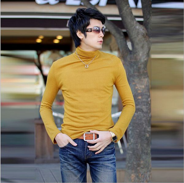 

men's warm long sleeve t-shirts solid turtleneck slim fit knit pullover plain color, Black