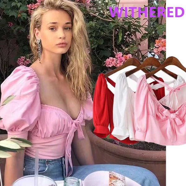 

dave&di ins fashion blogger square collar puff sleeve blouse women blusas mujer de moda 2020 shirts womens and blouse, White