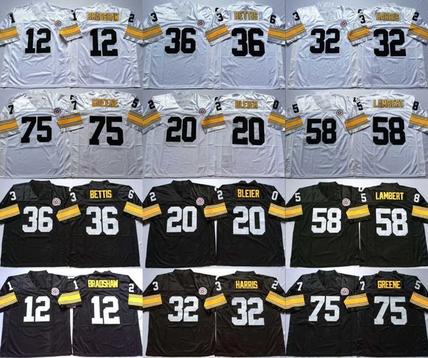 

12 terry brad haw 20 rocky bleier 32 franco harri 36 jerome betti 58 jack lambert 75 joe greene white black home away jer ey