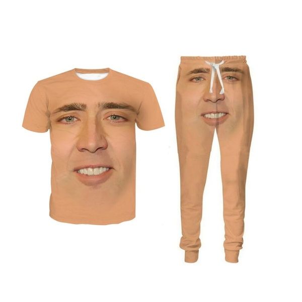 

new fashion women/mens the giant blown up face of nicolas cage funny 3d print t-shirt + jogger pants casusal tracksuit sets, White;black