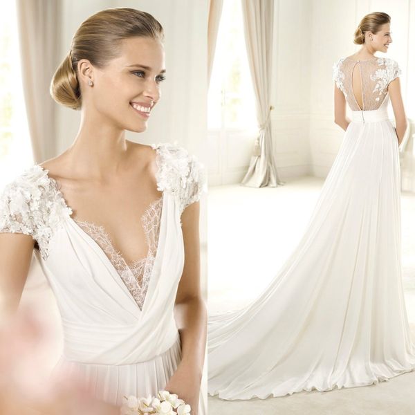 

elie saab 2020 beach wedding dresses a line lace 3d floral appliques short sleeve wedding gowns hollow back robes de mariÃ©e, White