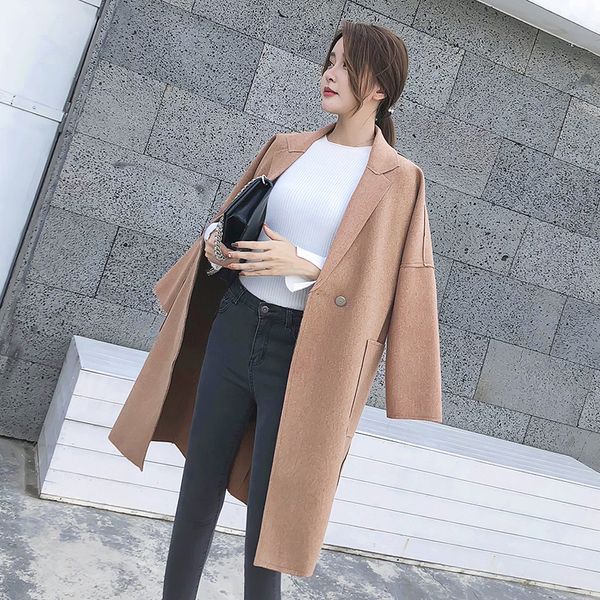 

casual solid long wool coat turn-down collar wool blend coat and jacket wide-waisted pockets women coats autumn winter, Black