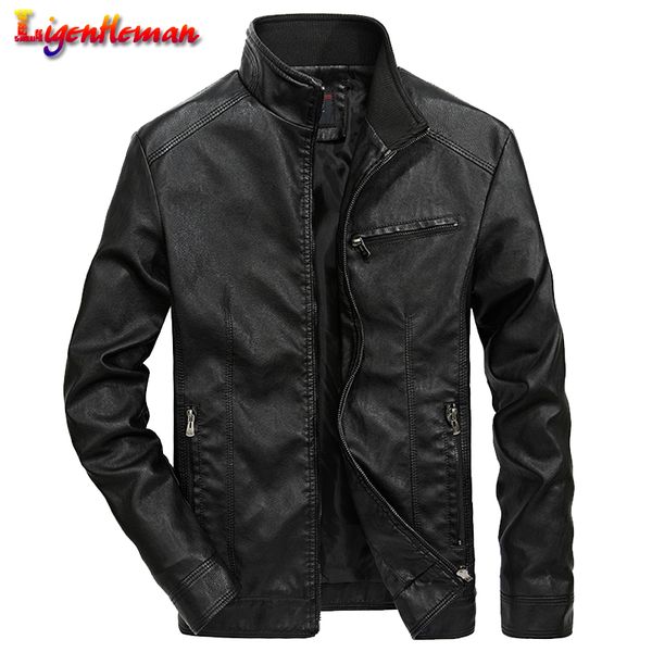 

men motorcycle keep warm leather jackets man streetwear bomber standing collar windbreaker men fashion brand leather jackets, Black