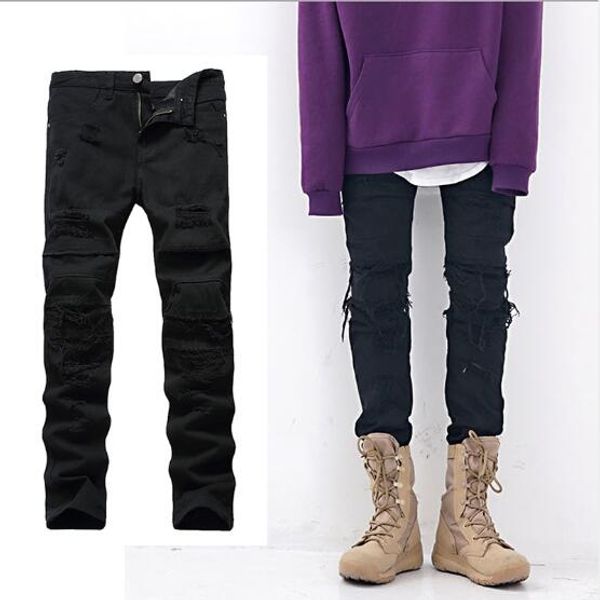 

mens jeans high street hip hop hole and distrressed pants slim feet jeans color black large size, Blue