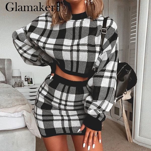 

knitted plaid two piece suit dress women autumn elegant mini short dress winter long sleeve crop sweater, Black;gray