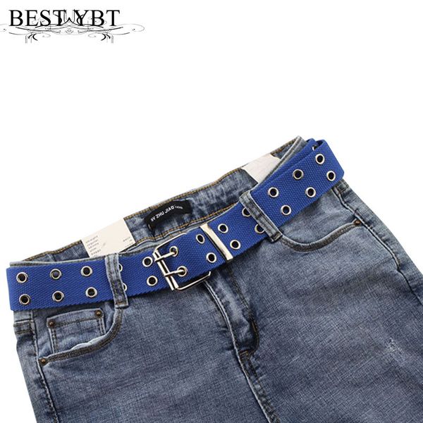 

ybt canvas belt alloy double row hole pin buckle belt street fashion lengthening chic hollow punk with chain, Black;brown
