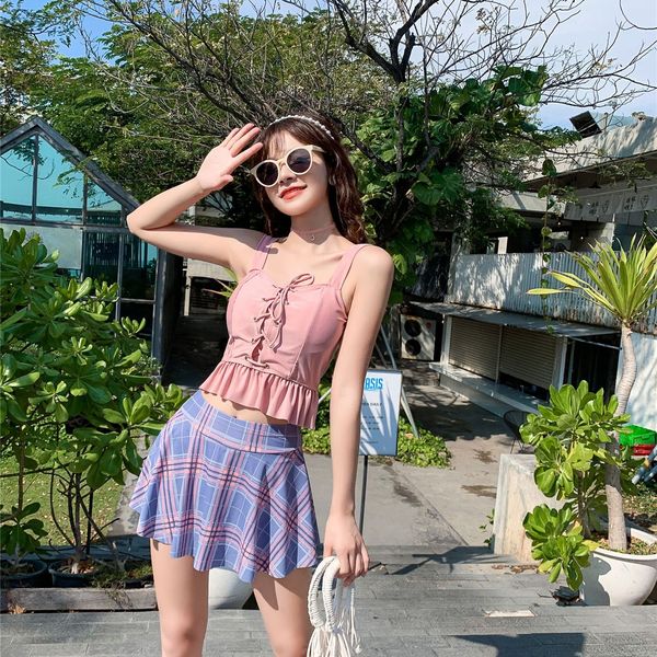 

female ins wind conservative belly-covering slim split bikini bikini swimsuit spring swimsuit small fragrance, White;black