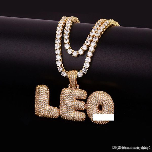

custom name bubble letters pendants necklaces women men's hip hop jewelry zircon with 4mm tennis gold silver chain