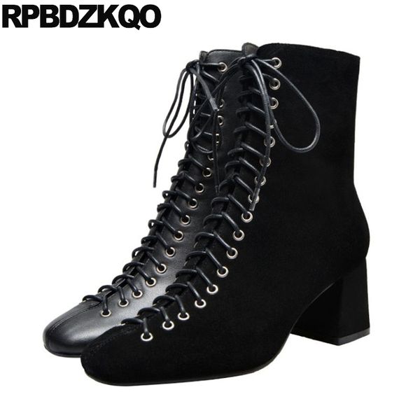 

big size suede boots black genuine leather ankle thick lace up chunky square toe shoes women plus heel
