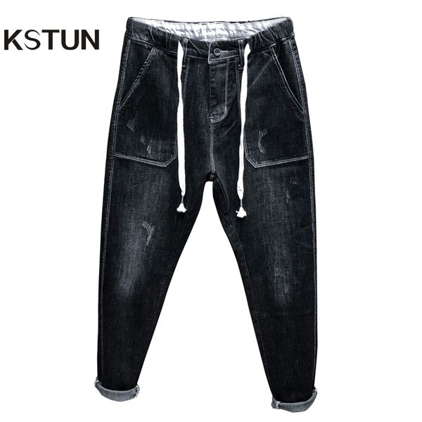 

kstun 2019 autumn mens jeans black stretch relaxed tapered jeans elastic drastring waist and baggy legs male denim joggers pants, Blue