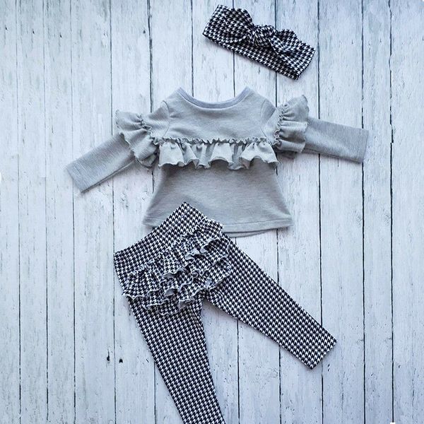 

fashion toddler kids baby girl ruffle plaid long pants 3pcs outfits clothes, White