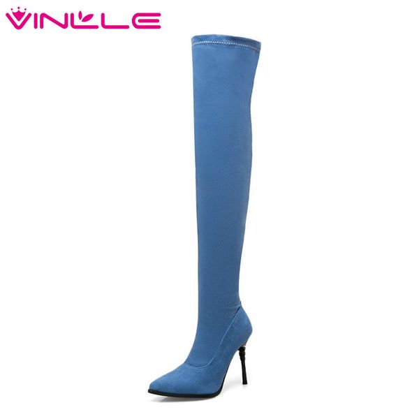 

vinlle 2019 princess style women shoes over the knee boots thin high heel pu leather zipper ladies motorcycle shoes size 34-43, Black