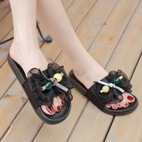 

fashion butterfly-knot flats flip flops woman shoes non-slip flowers flat slip-on slipper beach shoes women's summer footwear, Black