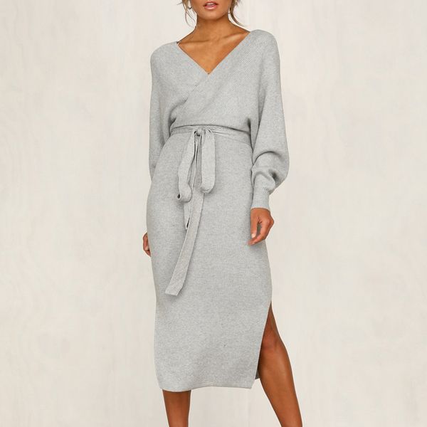 

fashion women knitting sweater dress autumn winter 2019 new split deep v-neck sheath dress lady slim tight streetwear, Black;gray