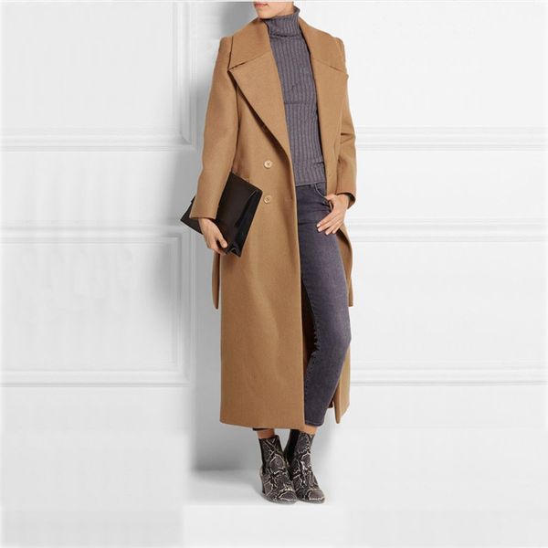 

solid wide-waisted women long woolen coat double breasted warm women's jacket elegant casual cashmere coat and jacket, Black