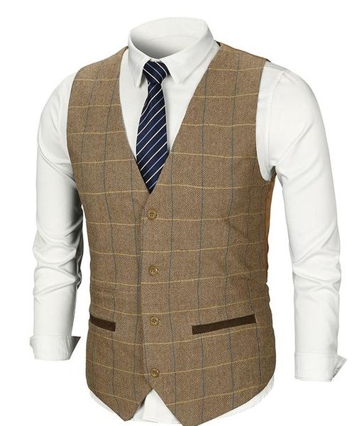

2020 checked tweed vest men suit vest slim groom's wear wedding waistcoat men's dress vests sleeveless suit jacket, Black