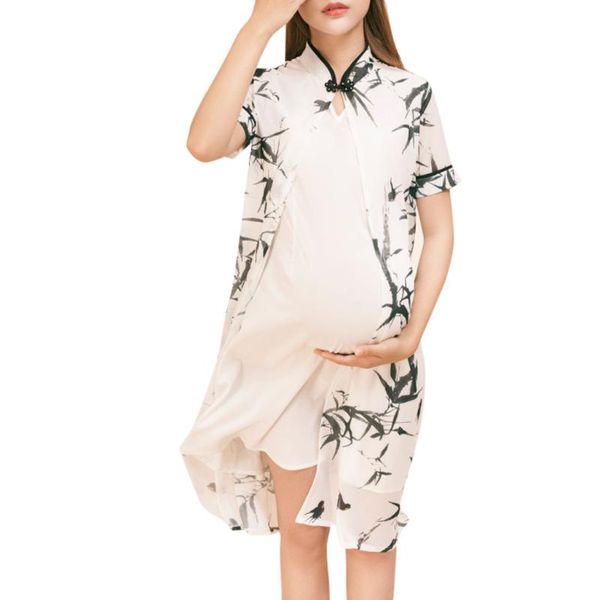 

chinese style pregnant dress pgraphy women short sleeve print leaf maternity dress summer cheongsam pregnancy dresses #lr3, White