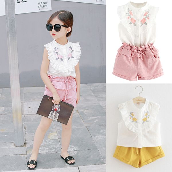 

ins kids clothes 2 colors girl embroidered sleeveless shirt + shorts 2pcs set kids designer clothes girls children clothing jy285, White