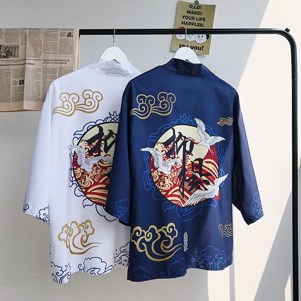 

japanese cranes kimono men 2019 summer hip hop male casual cotton kanji short sleeve harajuku streetwear, Black;brown