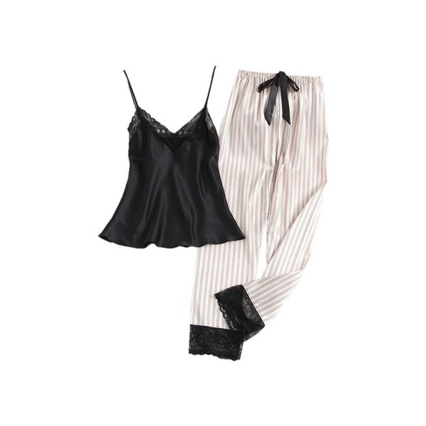 

2019 pksaq 2 piece pajamas for women stripe sleeveless silk pajamas set home set sleepwear suit nightgown summer full length, Blue;gray