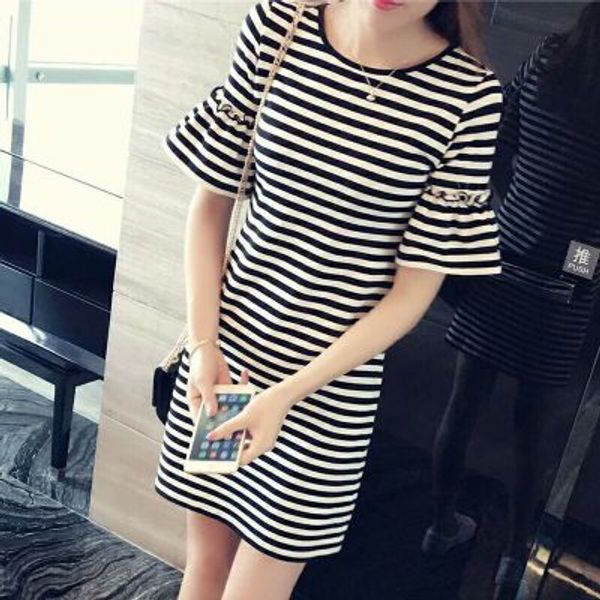 

2018 spring and summer new trumpet sleeve dress ladies stripe slim slimming t-shirt long women's clothing wglyq52, Black;gray