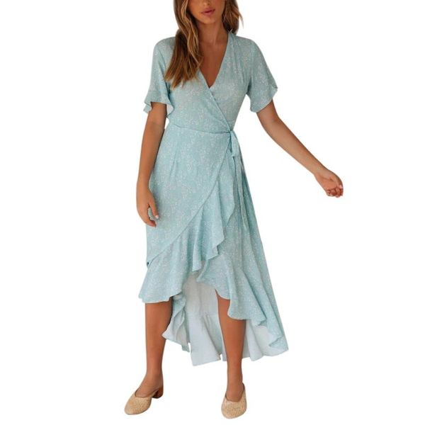 

casual dresses maxi for women sleeveless floral v neck split ruffle solid color boho daily beach holiday long dress jurken, Black;gray