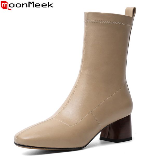 

boots moonmeek 2021 arrival fashion women thick high heels square toe ankle autumn winter solid color ladies shoes, Black