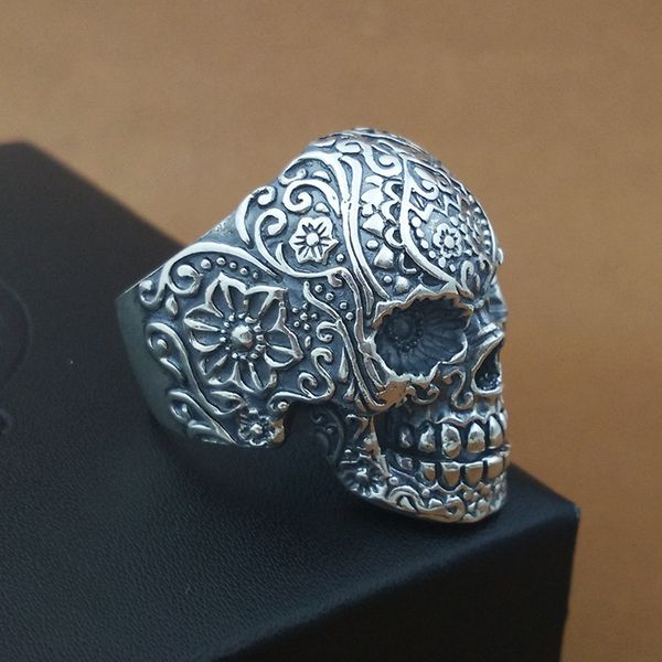 

real pure 925 sterling silver gothic skeleton rings for men punk rock rose flower carving fine jewelry, Golden;silver
