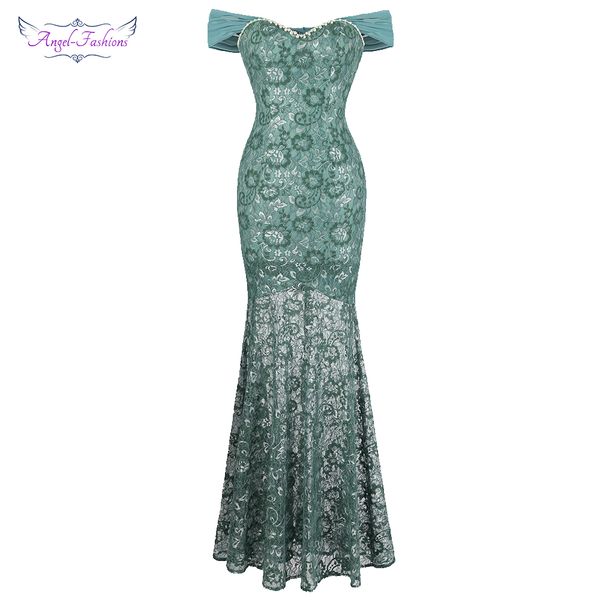 

angel-fashions women's boat neck evening dress long floral lace party gown see through light green 436, White;black