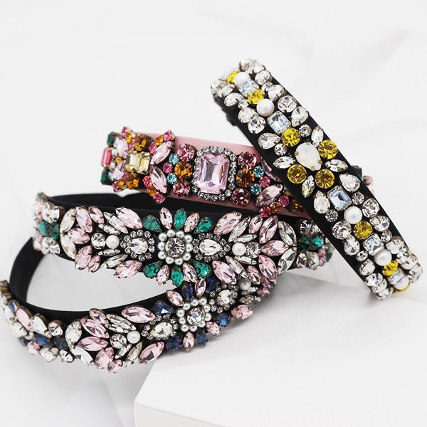 

new baroque luxury pearl round granule rhinestone fashion geometric flower headband temperament dance headband 835, Golden;white