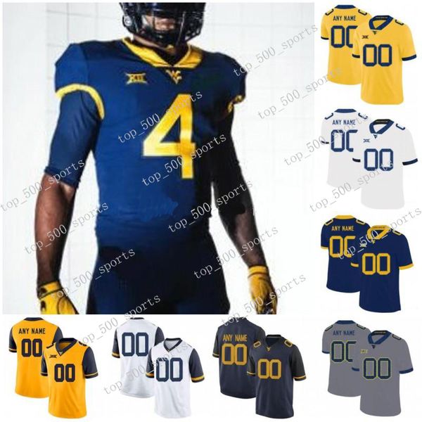 

custom west virginia mountaineers 2020 wvu football any name number white blue yellow gray grier sills v pettaway mckoy men youth kid jersey, Black