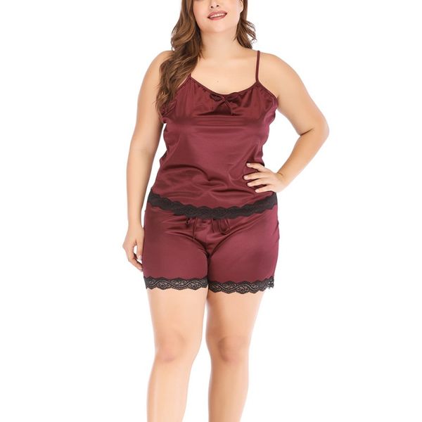 

pajamas suit women new summer sleeveless home service plus fertilizer simulation silk sling shorts pajamas suit, Black;red