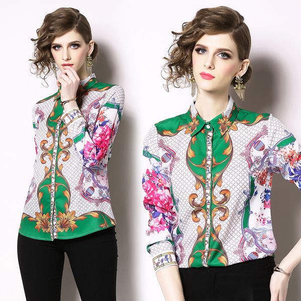 

paisley print vintage blouses women elegant long sleeve lapel neck button front ladies luxury shirt plus size casual office designer, White