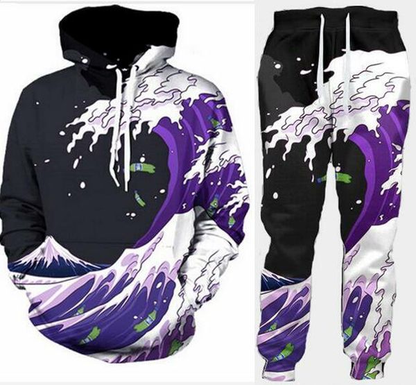 

two piece set men women casual tracksuits 3d printing purple waves fashion hoodies hooded+pants sweatshirt us018, Gray