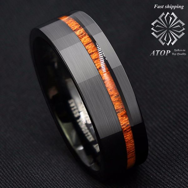 

8mm black brushed tungsten carbide ring off center koa wood wedding band ring