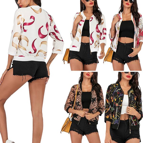 

womens printed zipper coat summer loose casual breathable sunscreen coat a66, Black;brown