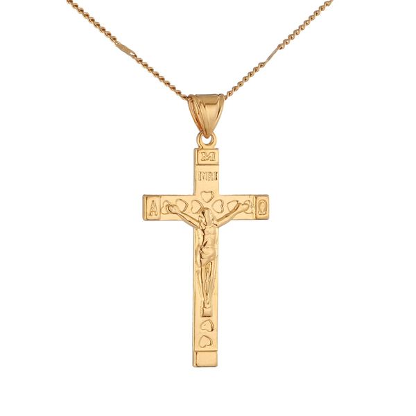 24K Gold Farbe Jesus Kruzifix Kreuz INRI Anhänger mit gravierter Herz Halskette Damen Herren Charm Schmuck