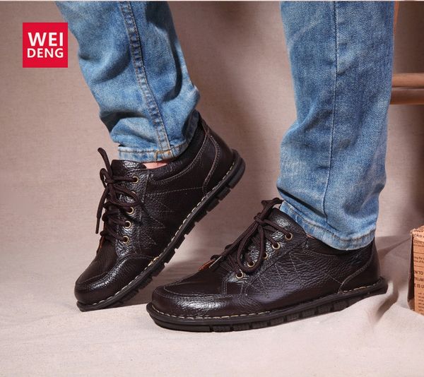 

weideng genuine leather diabetic shoes soft british oxford lace up fashion men shoes slip on dress office work, Black