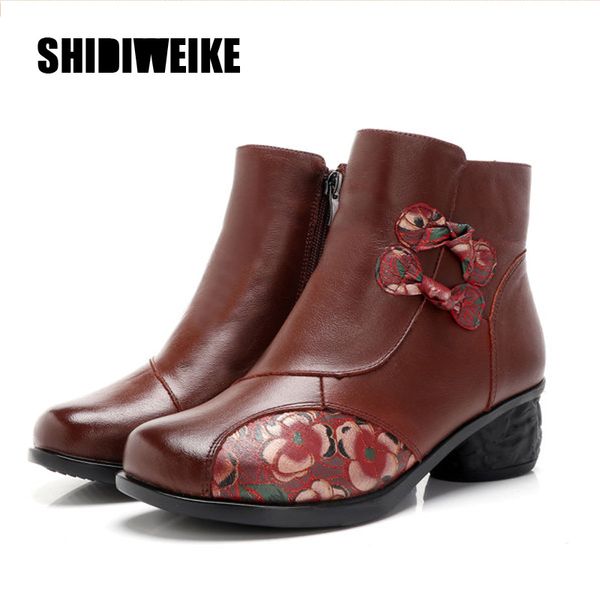 

genuine leather shoes women boots 2020 winter vintage handmade ankle boots soft casual high heels shoes woman j982, Black