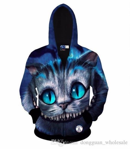 

новый стиль осень зима мода толстовки для мужчин / женщин 3d толстовка печати животных чеширский кот с капюшоном толстовка, Black