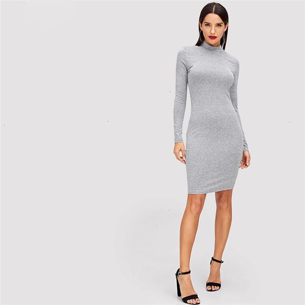 

woman clothing womens dress grey elegant office lady mock neck knit solid natural waist skinny autumn casual minimalist women dresses, Black;gray