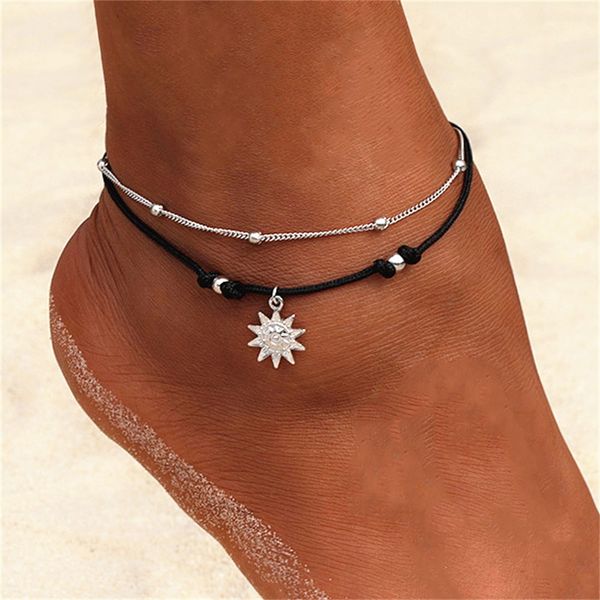 

vintage boho multi layer beads anklets for women fashion sun pendent anklet handmade chain foot party jewelry, Red;blue