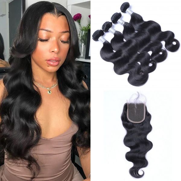 

монгольская объемная волна 4 пучка с закрытием натуральный цвет человеческих волос кружева закрытие с пучками наращивание волос, Black;brown