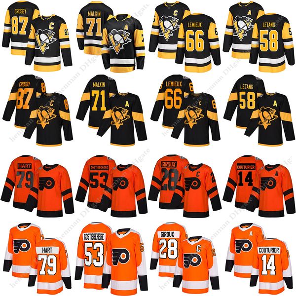 

pittsburgh penguins 87 crosby 71 malkin 66 lemieux 58 letang jerseys philadelphia flyers jersey 79 hart 28 giroux 14 couturier hockey jersey, Black;red