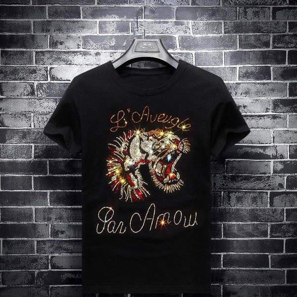 

2019 ярких стразы tiger t shirt мужской мода одежда streetwear с коротким рукавом o шея модального хлопок tshirts camisetas hombre, White;black